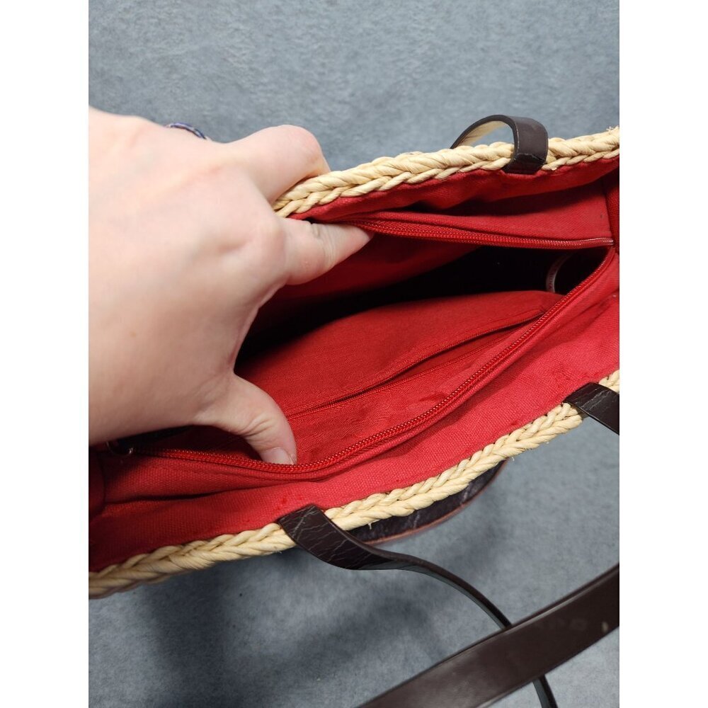 Woven Straw Tote Bag With Floral Accents & Red Lining - Picture 5 of 14